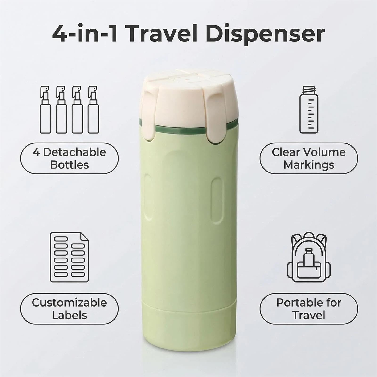 Générique 4 in 1 Travel Dispenser with Scale & Label, Clear Portable Dispenser Bottles, Multipurpose Travel Toiletry Containers, Travel Toiletries Bottle Set for Gym Bag Weekends Away (White+Green)