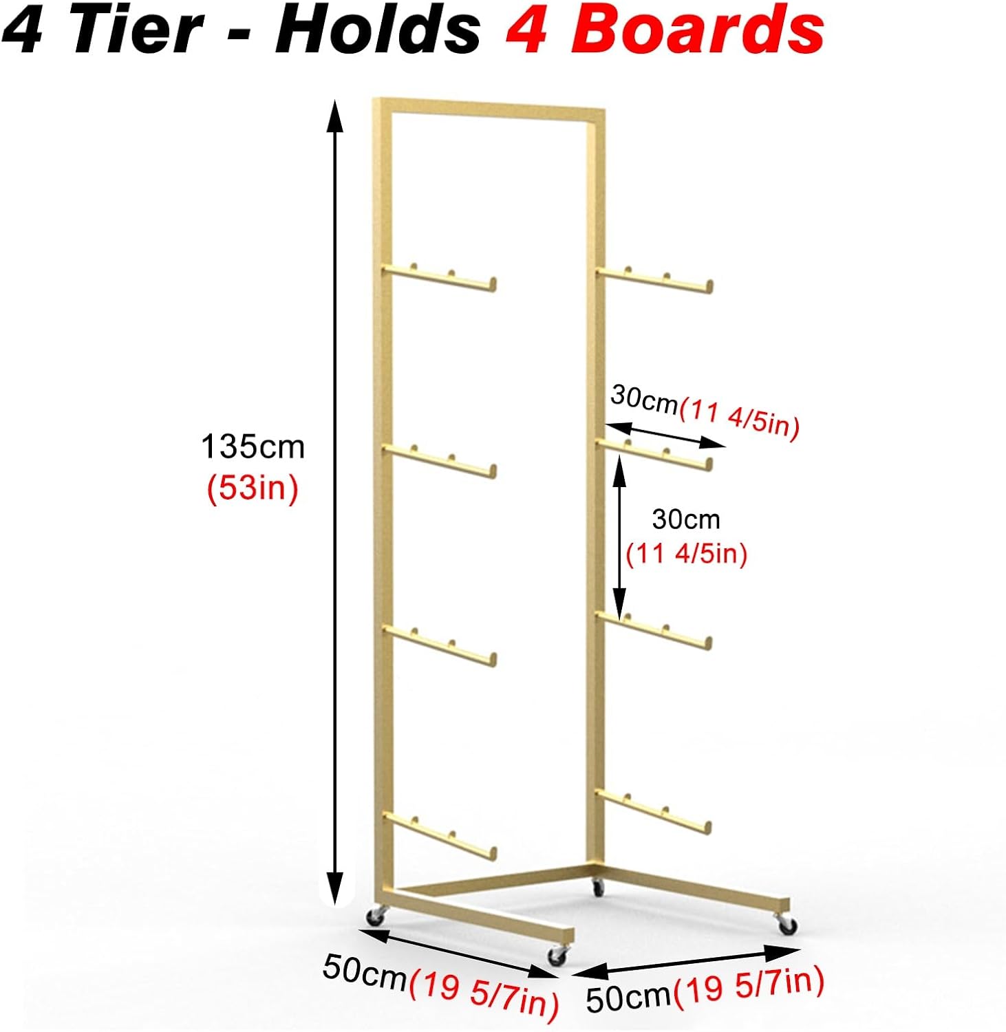 Skateboard Floor Stand Rack for Garage/Shed/Basement, Freestanding Ski Storage Organizer with Lockable Wheels, Metal Snow Ski Display Holder(Gold,5 tier - 165cm/65in H)