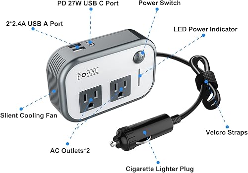 Miniatura 5 de FOVAL Inversor de corriente para automóvil de 200 W, CC 12 V a 110 V CA, cargador rápido con [27 W PD USB-C] y puertos USB duales, adaptador de