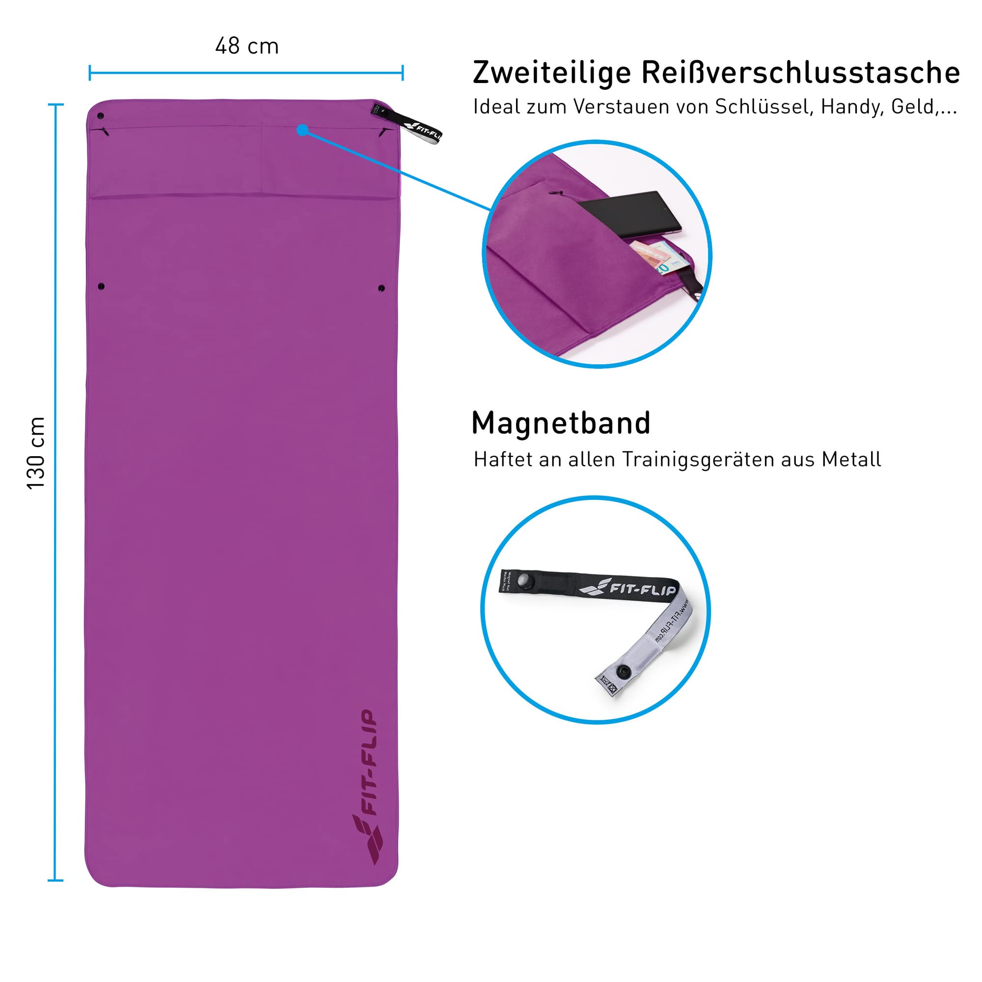 Fit-Flip Asciugamano Sportivo con Scomparto a Cerniera + Clip Magnetica, Asciugamano da Palestra in Microfibra, Compatto e ad Asciugatura Rapida, Asciugamano da Palestra in Microfibra