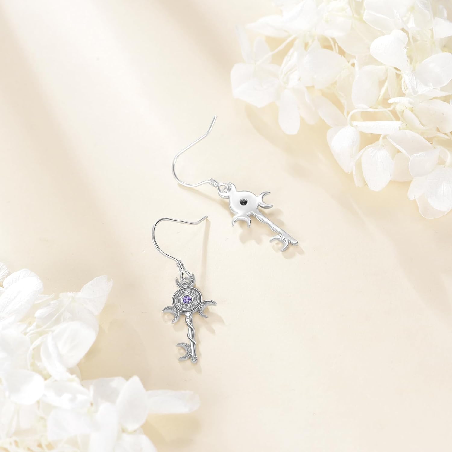 The Wheel of Hecate Earrings Sterling Silver Triple Moon Key Dangle Drop Earrings Key Jewelry Birthday Gifts for Women Wife Sister Mother