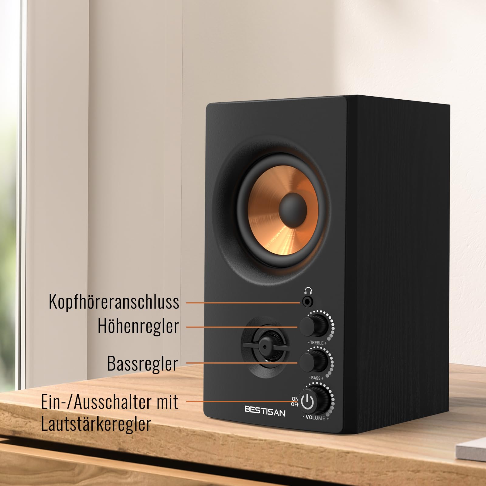 BESTISAN Aktive Regallautsprecher mit Bluetooth- und RCA-Eingang | HiFi-Klang für PC, Desktop, Gaming | Kompakte Holz-Lautsprecher, 7,6 cm (3 Zoll)