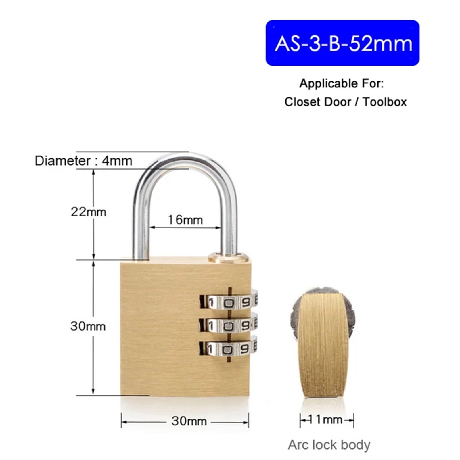 Lucchetto di sicurezza in ottone massiccio con codice di combinazione della password for armadietto digitale della palestra, serratura del cassetto della valigia, ferramenta 1 pz(AS-3-B-52)