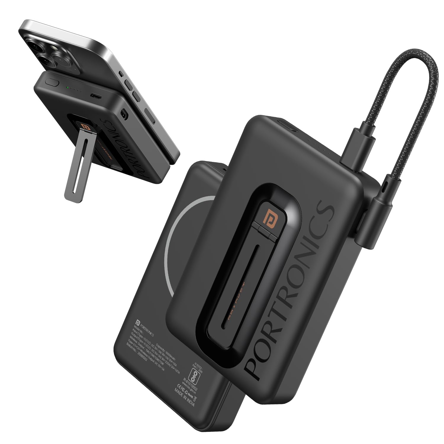 Portronics Revvo 15W Magsafe Wireless Powerbank 10000mAh Fast Charging Powerbank,Detachable Type C Cable,Mobile Stand,Type C Input/Output PD Port,iPhone 12 & Above,Android & Qi Enabled Devices(Black)-image-18