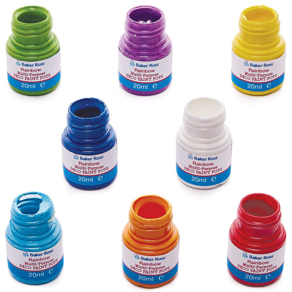 Baker Ross FC743 Rainbow Colours Multi-Purpose Deco Paint Pots for Canvas, Wood, Fabric, Ceramic & Stone, 20ml, Assorted, Pack of 8, Pieces