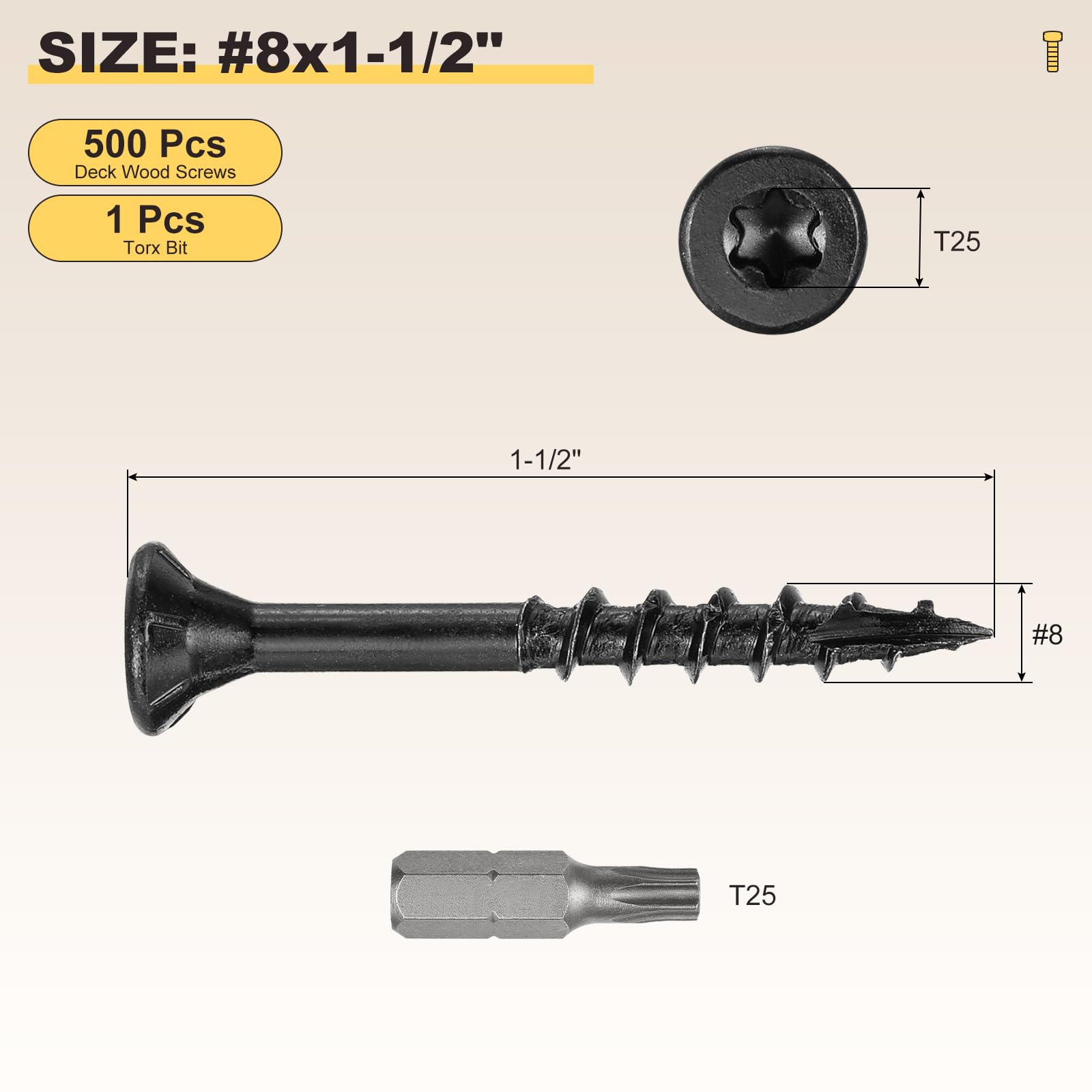 METALLIXITY Deck Screws (#8x1-1/2") 500Pcs, Carbon Steel Wood Screw Decking Screws Epoxy Coated with T25 Torx Drive Head - Image 2