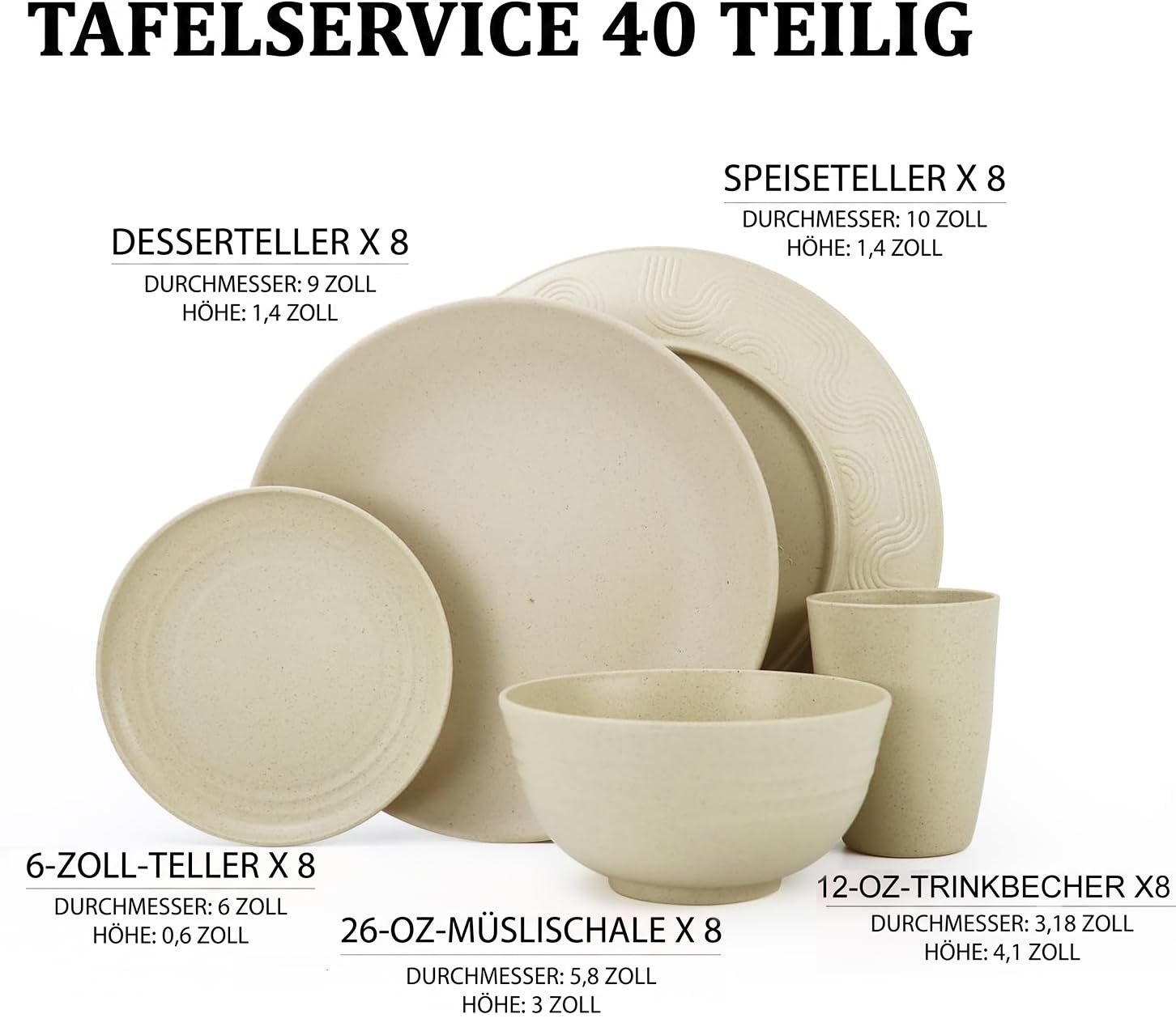 Wrova Set di stoviglie da 40 pezzi, piatti e ciotole, infrangibili, per 8 persone, lavabili in lavastoviglie e adatte al microonde, stoviglie per picnic, compleanni, campeggio, beige
