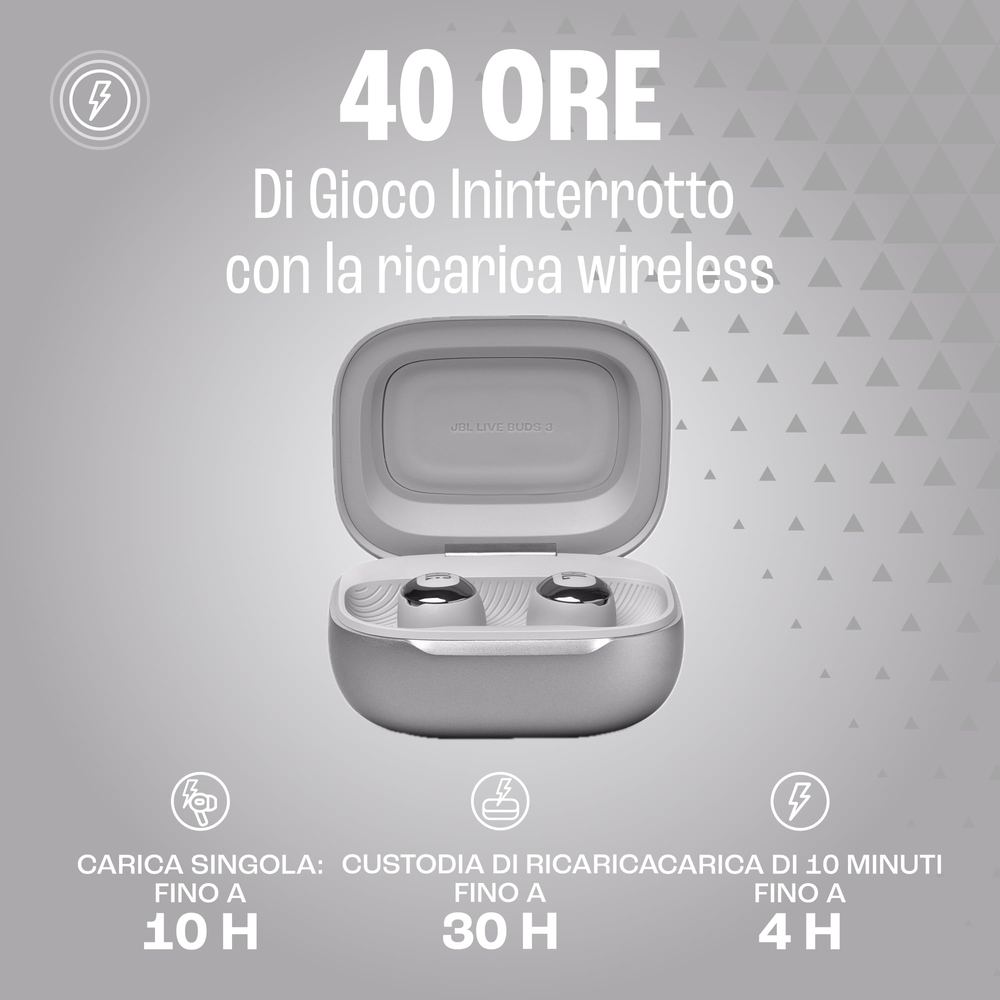 JBL Live Buds 3 Cuffie Wireless Bluetooth, 40 Ore di Autonomia, con Cancellazione Adattiva del Rumore e High-Resolution JBL Signature Sound, Impermeabili IP55, Argento - Vista 6