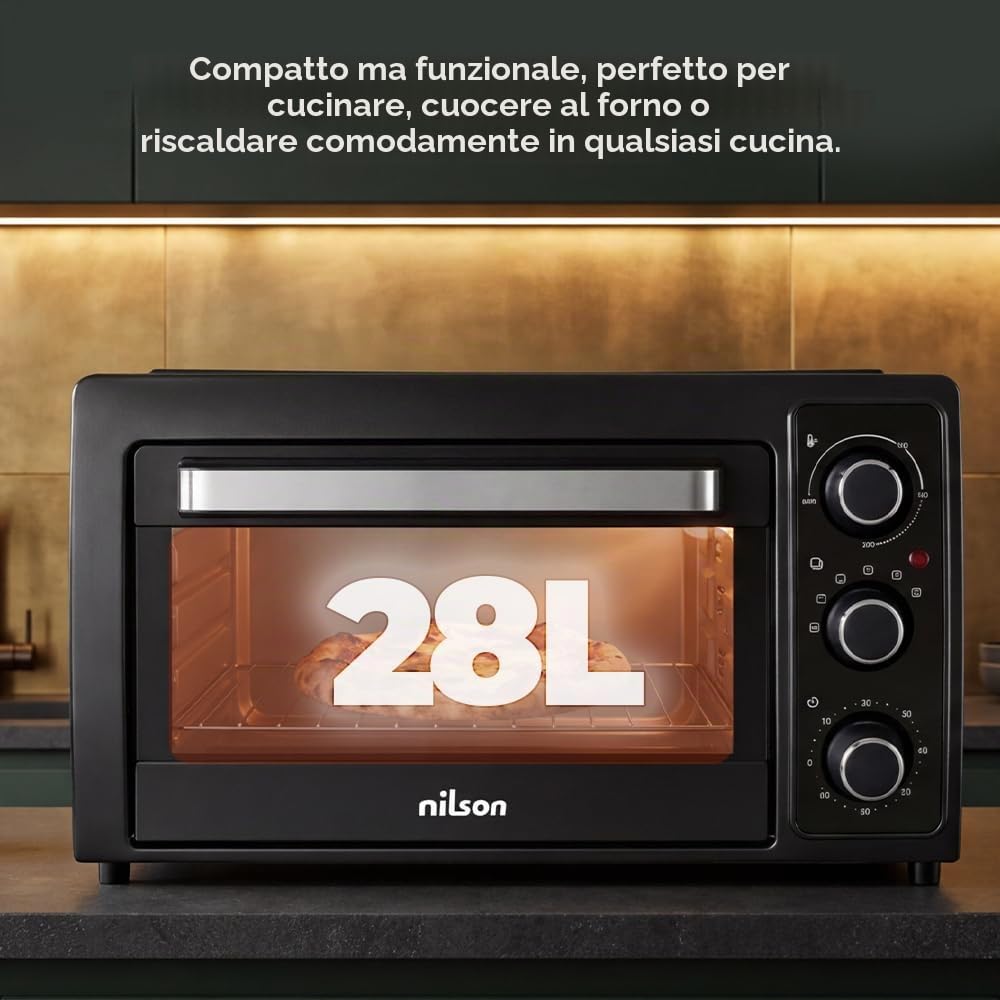 Forno da tavolo 28 l, Convezione, 1500 W, 5 funzioni di cottura, controllo meccanico, NHS2800N, Termostato regolabile, temperatura massima 230°, timer 60 min
