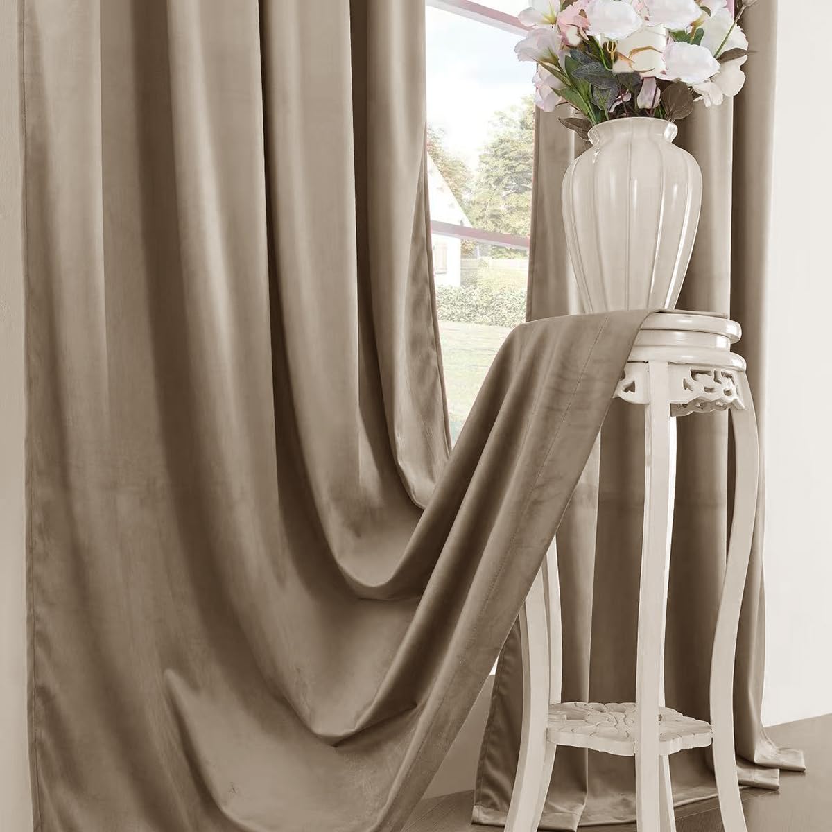 Timeper Taupe 42 inches Wide Velvet Curtains Light Blocking Drapes