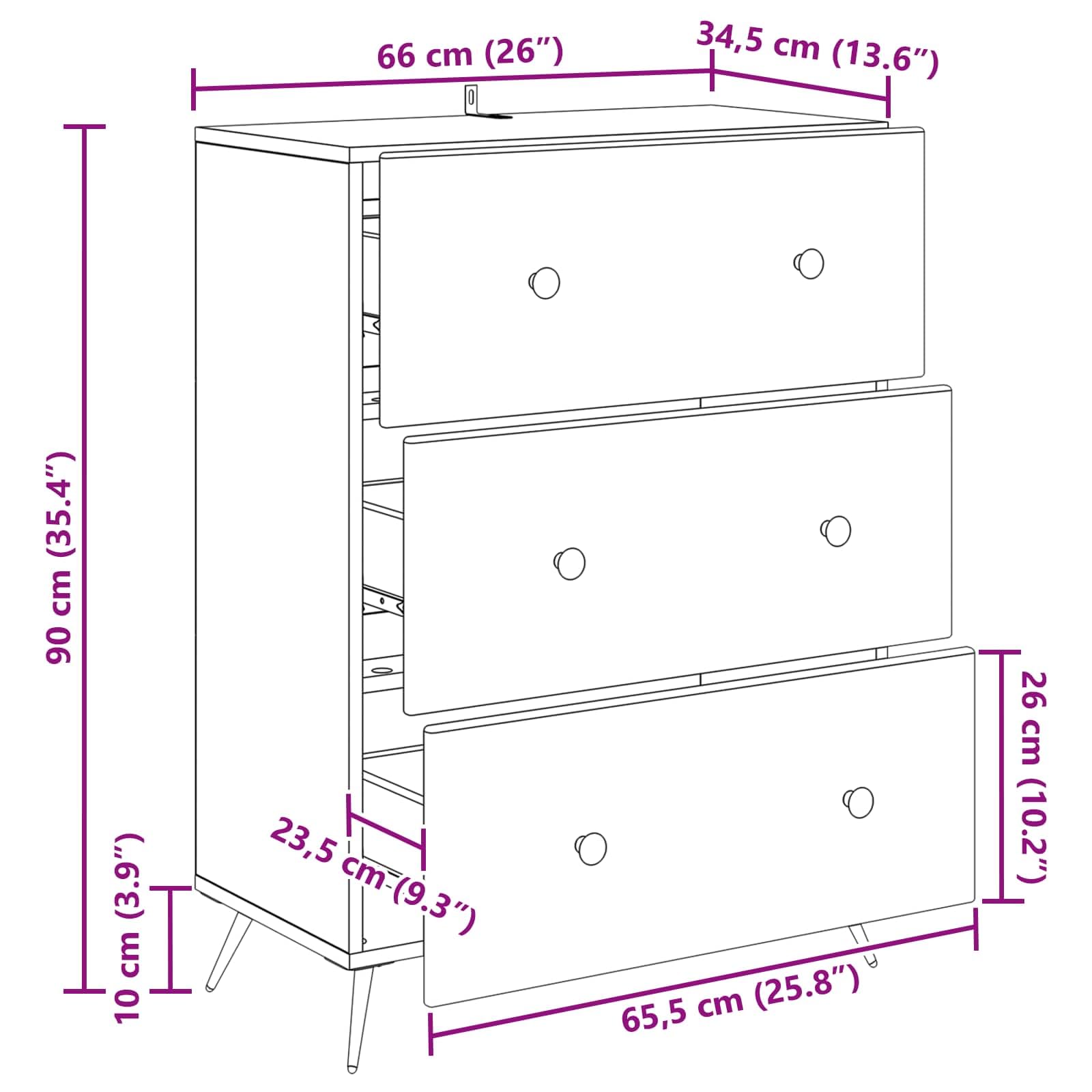 Cassettiera nera, 66 x 34,5 x 90 cm, con 3 cassetti, moderno, in legno e metallo, per soggiorno, corridoio e casa