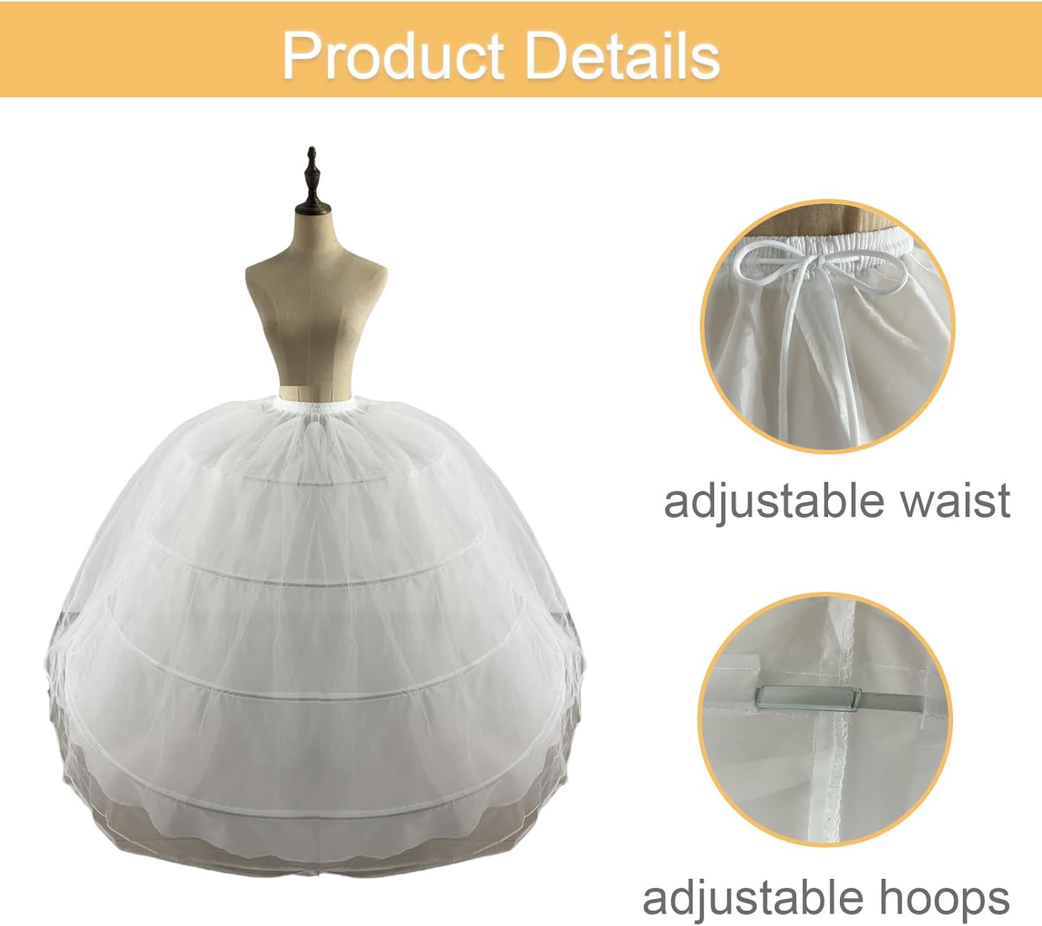 Women Puffy Crinoline Petticoat 2 Tulle Layers Skirt Slips Long Underskirt for Wedding Dress Bridal Gown (White) - Image 3