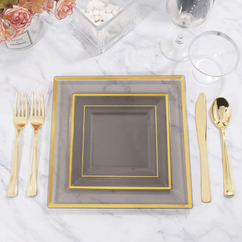 Uр Tо 40% оƒƒ WELLIFE 150 PCS Clear Black Plastic Plates with Gold Rims, Disposable Silverware and Cups, Gold Square Plastic Dinnerware, 25 Dinner Plates, 25 Dessert Plates, 25 Cups, 25 Forks, 25 Knives, 25 Spoons
