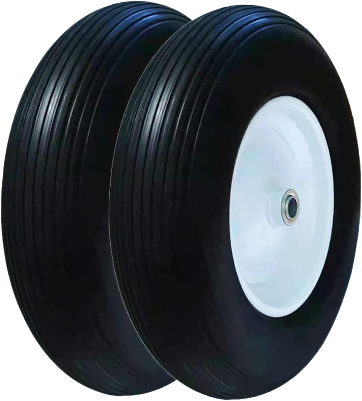 Set of 2 Wheelbarrow Tire 4.80/4.00-8 Flat-Free with 3/4 & 5/8 Wheel Bearing, 3-6" Hub 16" Solid Rubber Wheel Barrel Tires Non-Slip for Yard Cart Garden Wagon (Black)