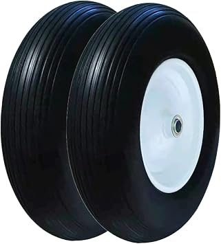 Set of 2 Wheelbarrow Tire 4.80/4.00-8 Flat-Free with 3/4 & 5/8 Wheel Bearing, 3-6" Hub 16" Solid Rubber Wheel Barrel Tires Non-Slip for Yard Cart Garden Wagon Black