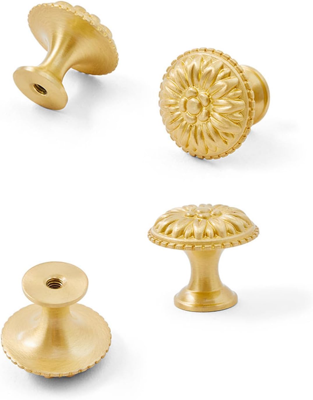 4PCS Gold Brass Drawer Knobs, Solid Copper Gold Brass Cabinet Knobs Decorative Knob Vintage Antique Flower Round Brushed Gold Solid Copper Drawer Cabinet Dresser Knob Pull Handle