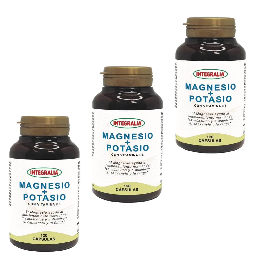 Integralia Magnesio y Potasio - Pack Ahorro 3 x 120 Cápsulas - Suplemento Mineral con Vitamina B6 - Para Reducir el Cansancio y la Fatiga - Formato Bote