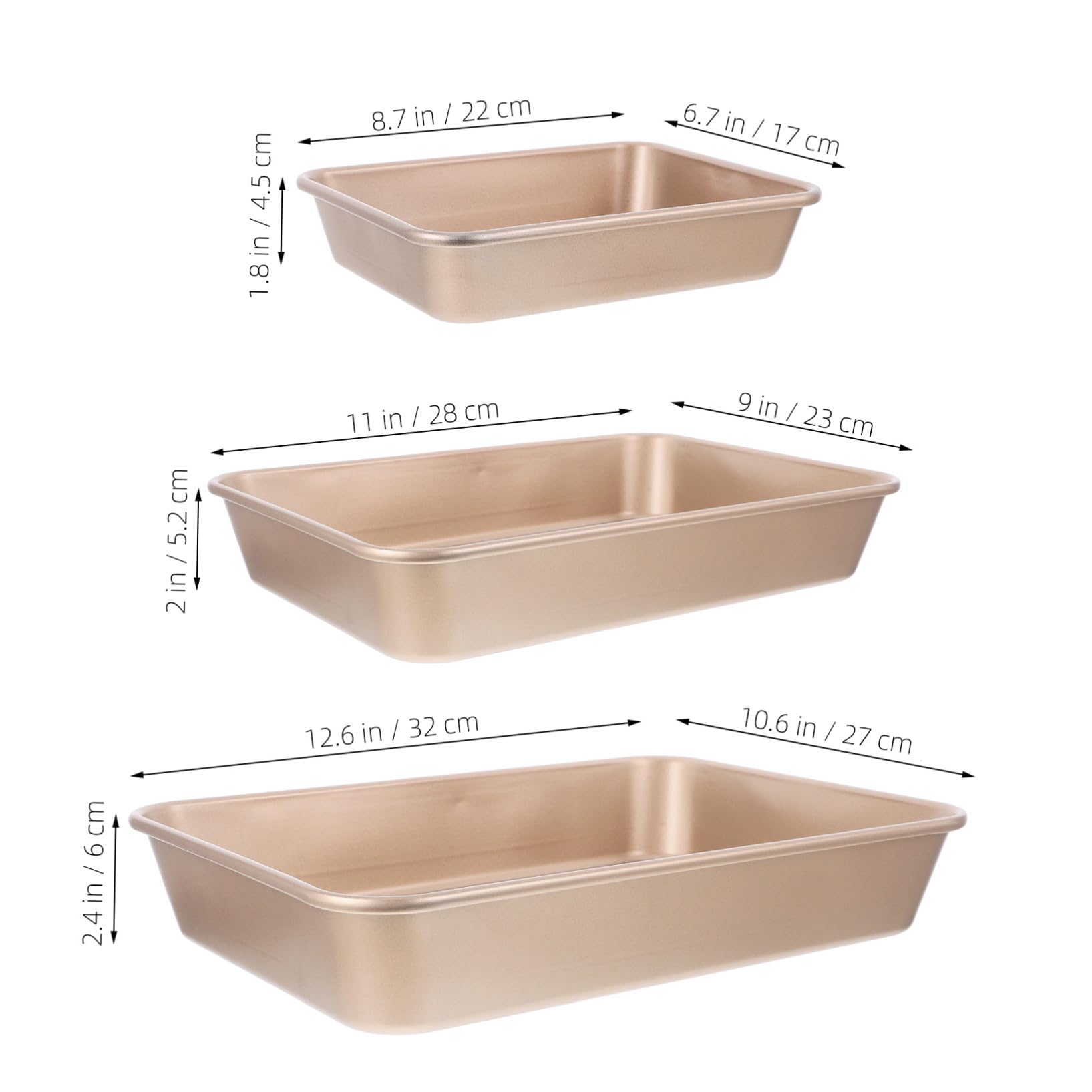 3 piezas Moldes para Horno de Acero Carbono Resistente Antiadherentes y Profundos Bandejas Rectangulares Doradas para Bizcocho Lasaña y Pan para Repostería y Cocina Horno
