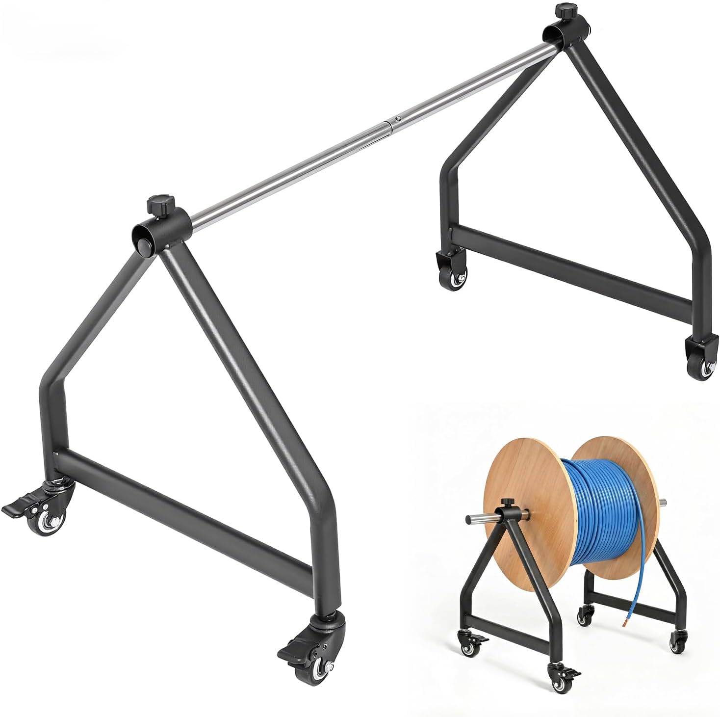 Wire Spool Rack with Wheels, Portable Cable Caddy Holds 28" Spools 250 lbs, Industrial Steel Welded Frame Includes Spool Bars