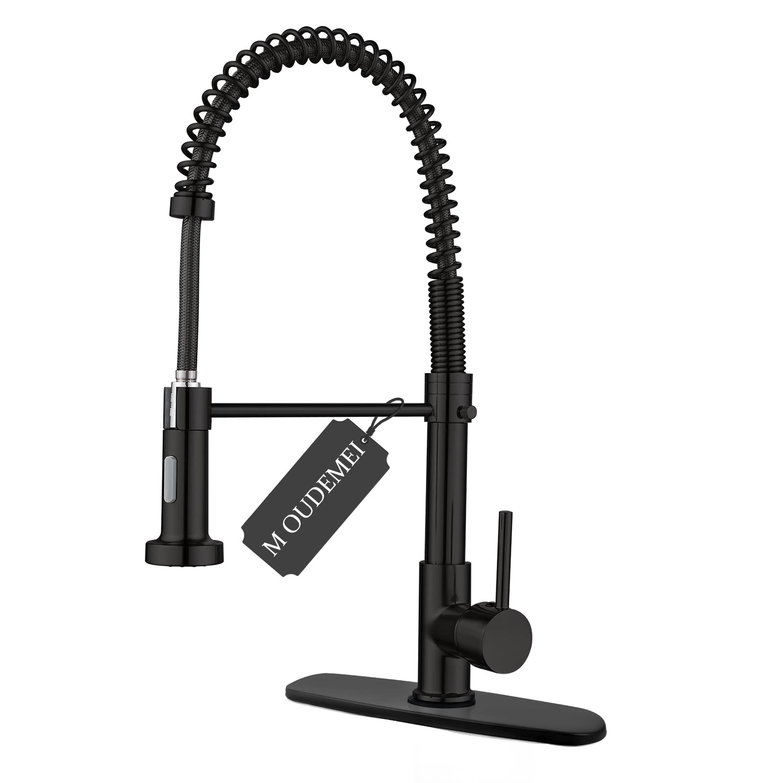 M OUDEMEI Commercial Pull Down Kitchen Sink Faucet with Dual Function Sprayer, Single Handle Spring Faucets with Deck Plate, High Arc Kitchen Faucet for 1 OR 3 Hole Easy Installation (Matte Black)