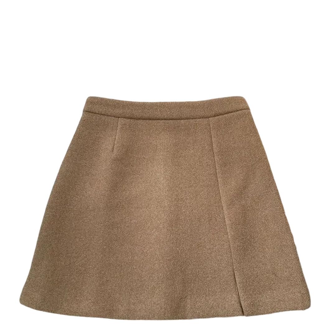 Women Woolen Mini Skirts Slim Hip Wrap Side Slit A-Line