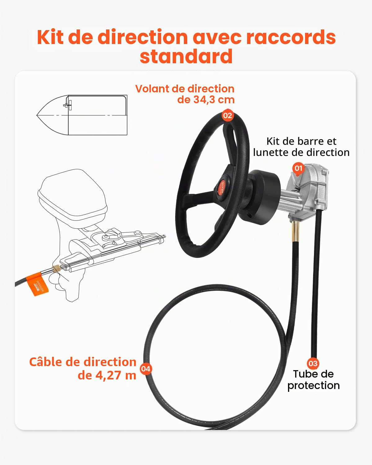 VEVOR Kit Direction Hydraulique Hors-bord avec Câble 4,28 m SS13714 et Volant 34,3 cm, Système de Direction Hydraulique Marin, Accessoires pour Bateau Voyage