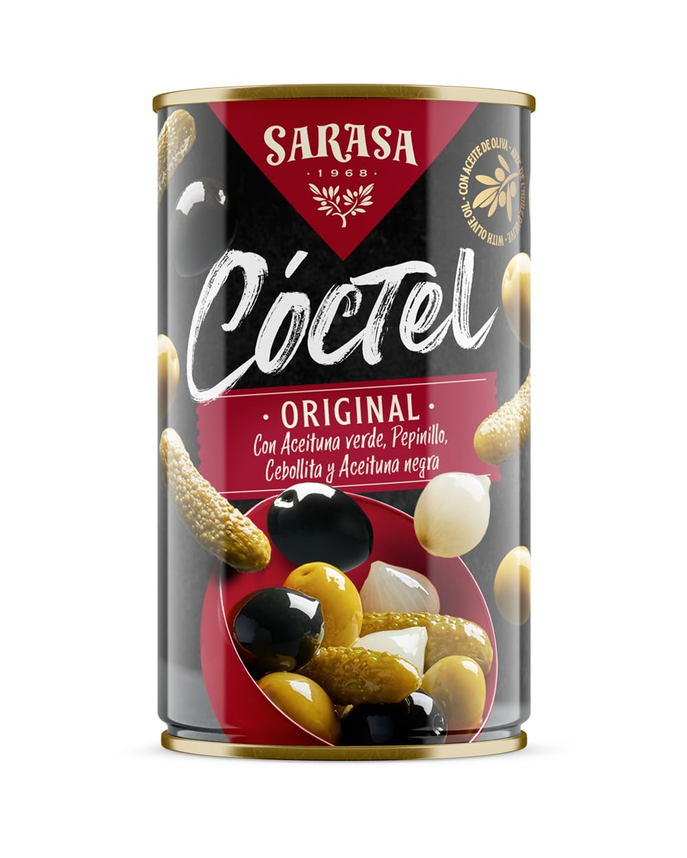 Cóctel Mix de aceituna negra, aceituna verde, cebollita y pepinillo SARASA (PESO NETO350g (PESO ESCURRIDO170g), 12 LATAS)