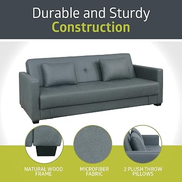 Pearington Mia Sofa Bed- Microfiber, Multi Position Bedroom, Living Room, or Office Futon; Couch Sleeper and Lounger with Extra Storage under Bottom Cushion, Grey