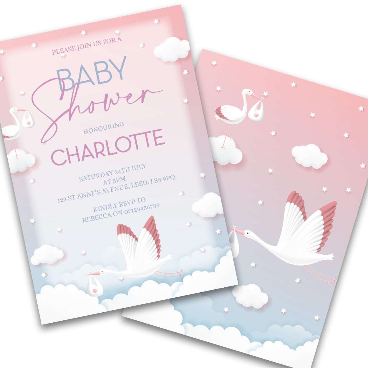 Paper Themes Personalised Baby Shower Party Invitations (Stork 12pk)