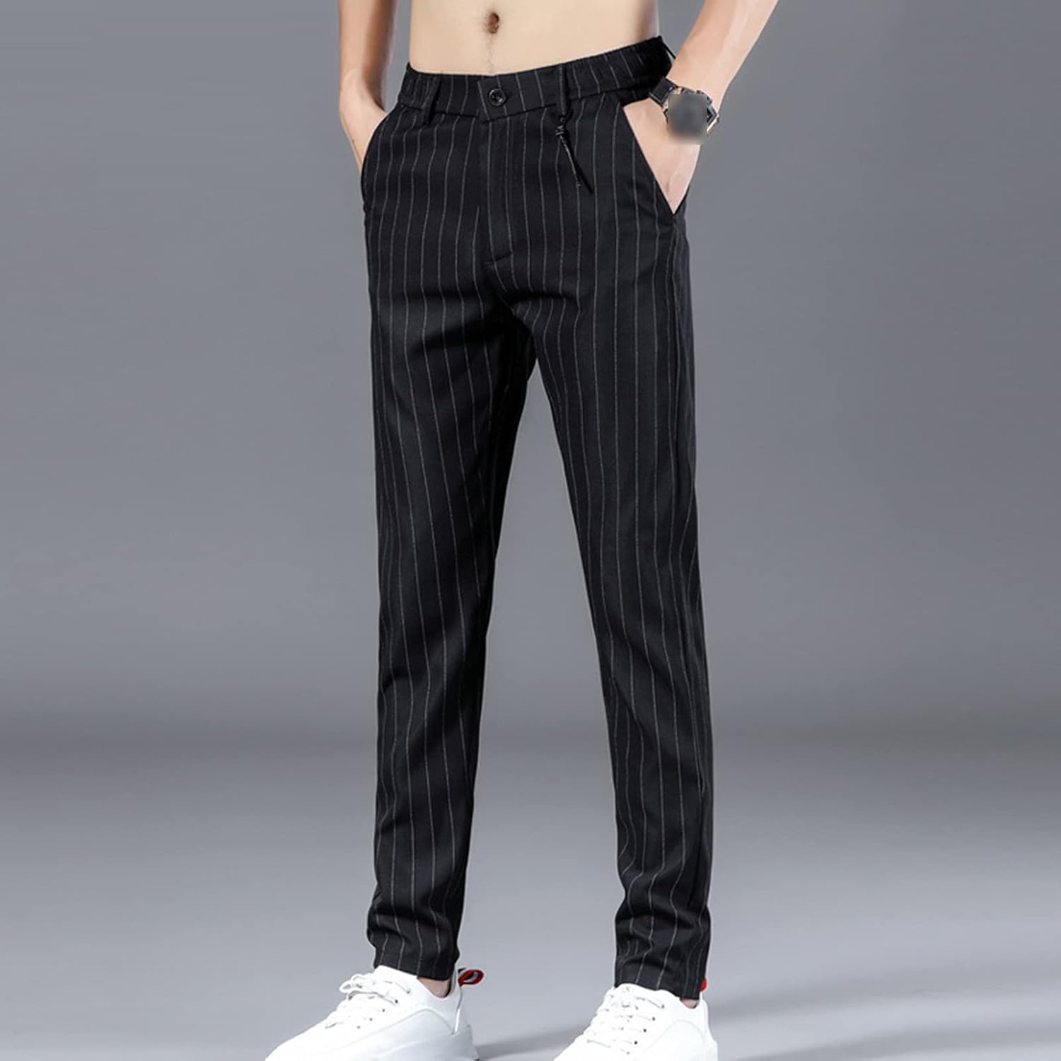 Men's Elastic Waist Plaid Casual Pants Slacks Plaid Urban Stylish Pull On Trousers Business Pants with Pocket