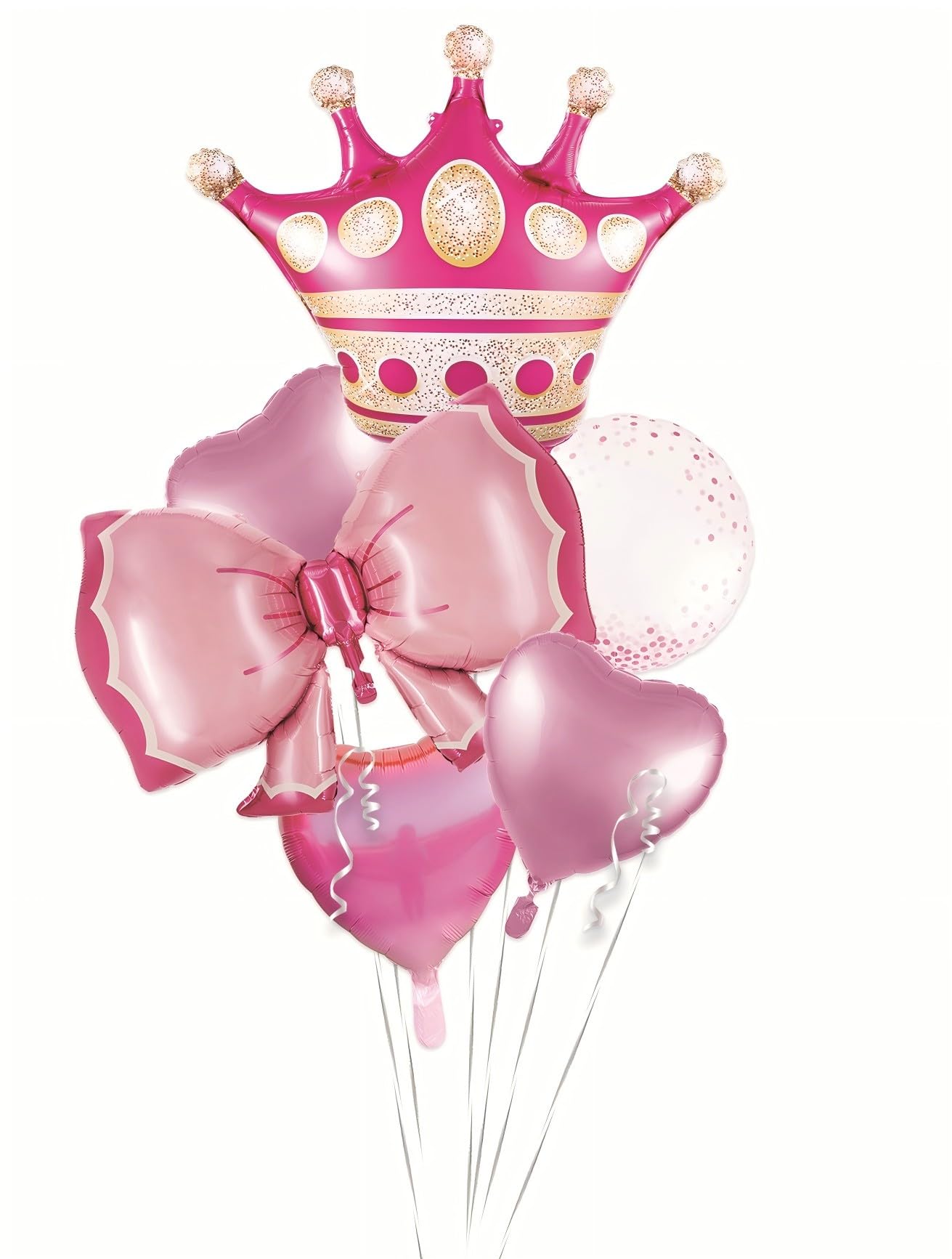 Princess Crown and Hearts Foil Balloon Bouquet, Pink, 5-Piece Party Decoration Set