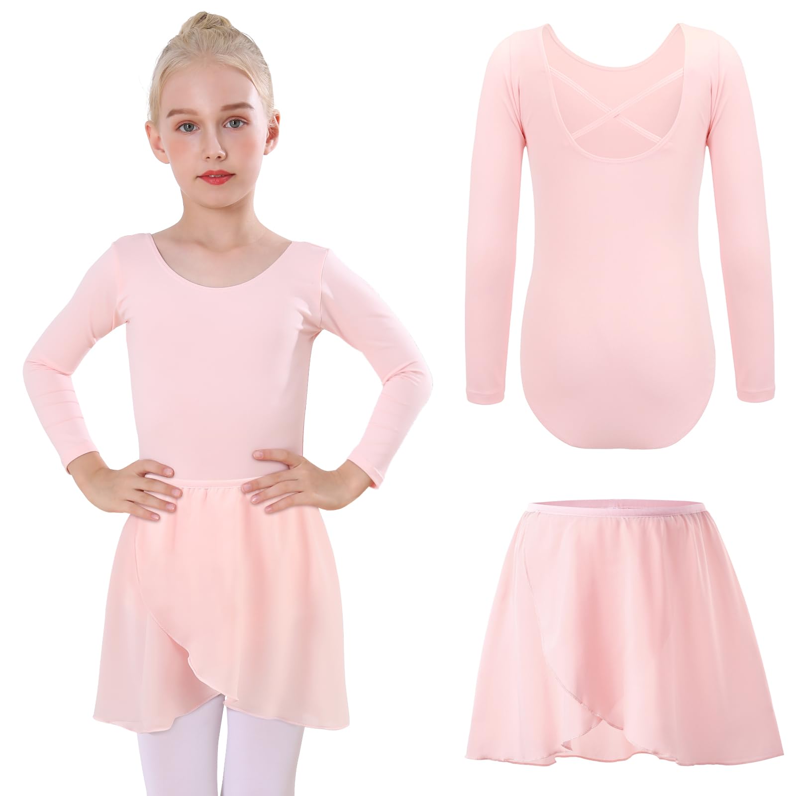 Bezioner Body Danza Classica Bambina con Gonna Rimovibile Vestito da Balletto Gonnellino Danza Manica Lunga