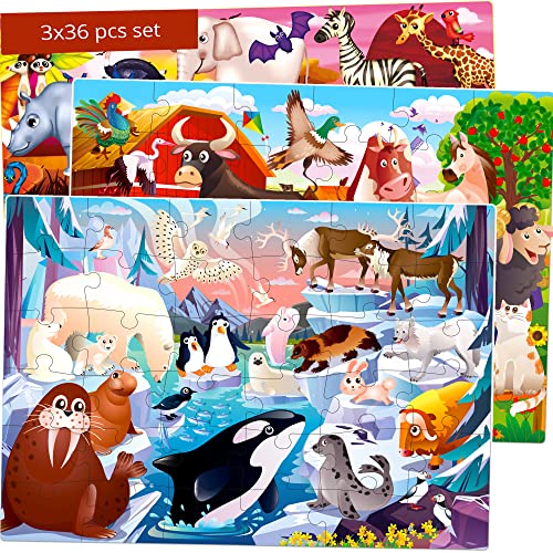 Puzzles for Toddlers 3-5 – 3 x 36 Pieces Floor Puzzles for Kids Ages 2-4 by QUOKKA – 12 Toy 3D Figures Learning Farm Animals for 4-6 – Jigsaw Game for Boy and Girl 3-5-7 Year Old