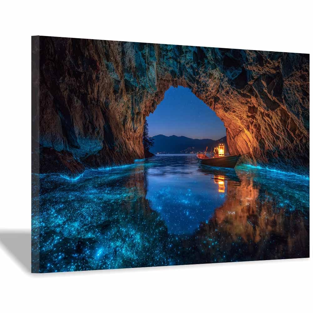 HOQIU Landscape wall art Cave Boats s Lantern Light canvas art, art print, house decor, bedroom wall decor above bed, prints for living room.(Multicolor)-80x120cm Framed