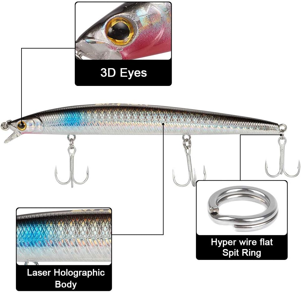 Dr.Fish Saltwater Fishing Lures Kit 5" Surf Fishing Sriper Saltwater Minnow Lures Mustad Hooks Jerkbait Popper Plugs Inshore Offshore Mackerel Tarpon Barracuda