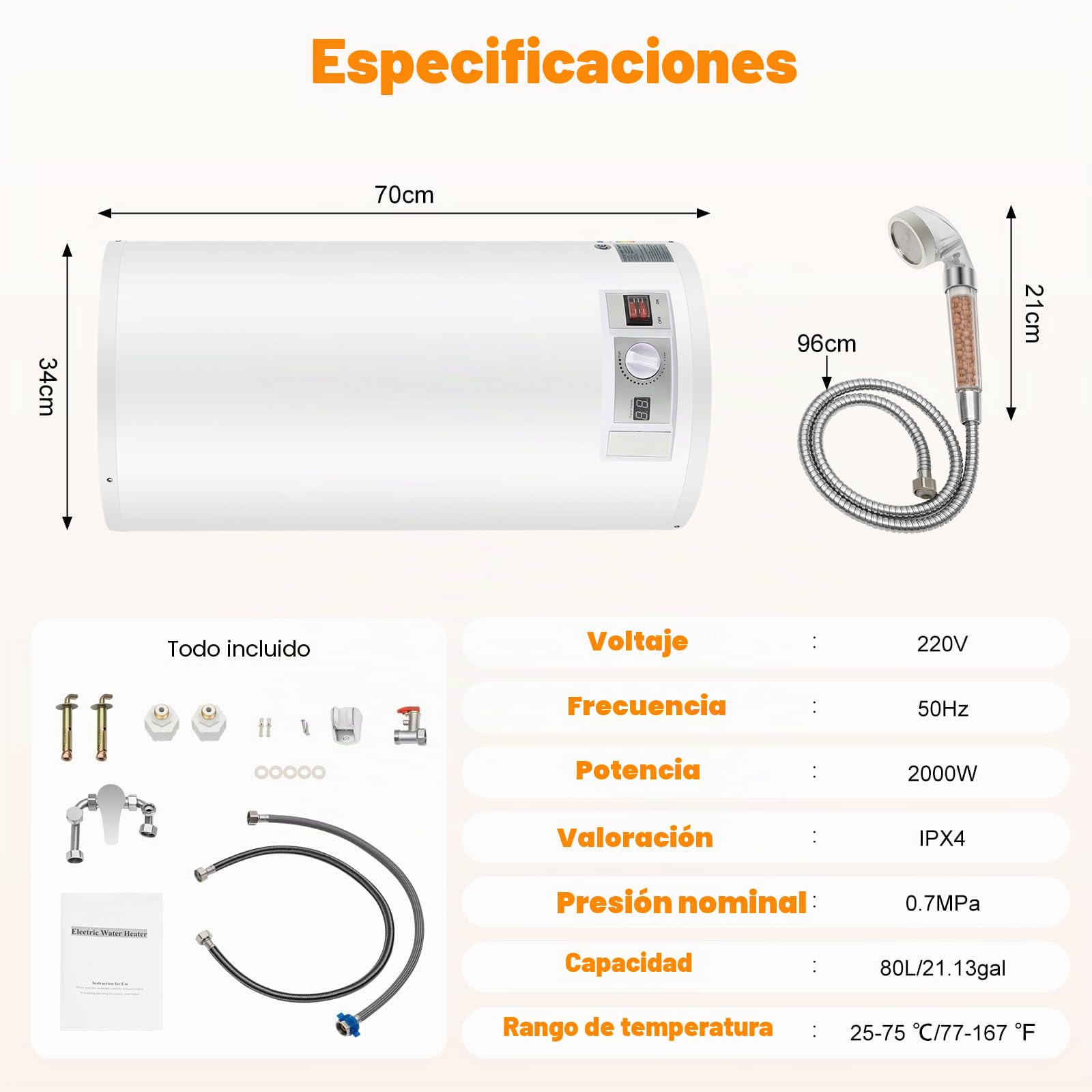 MINRS Calentador de agua caliente eléctrico de 50 L, 2000 W, 220 V, calentador de agua caliente, caldera de agua eléctrica, con ducha de mano y pantalla LED, protección contra sobrecalentamiento,
