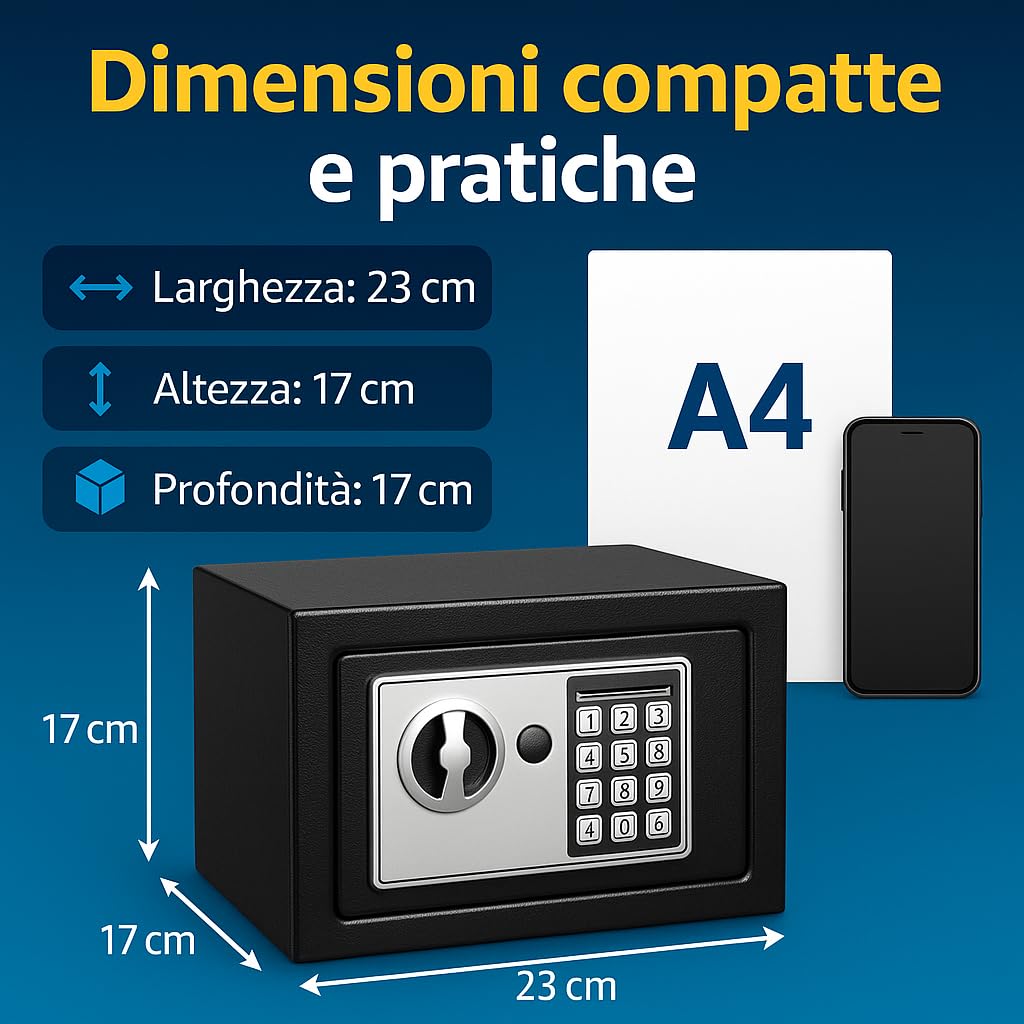 Utilia Security Cassaforte Elettronica 23×17×17 cm, combinatore digitale con chiave, 2 catenacci Ø15 mm, acciaio verniciato, fissaggio a muro/armadio, avviso batteria.
