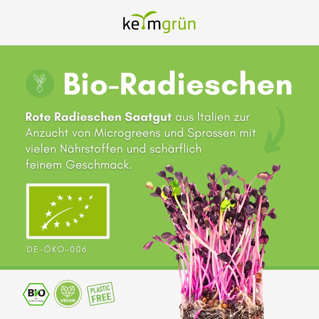 Bio Radieschen rot Samen - Sprossensamen für Sprossenglas oder Microgreens, Plastikfreie Verpackung, Regional Abgefüllt in Deutschland, Wähle zwischen 250g, 500g und 750g