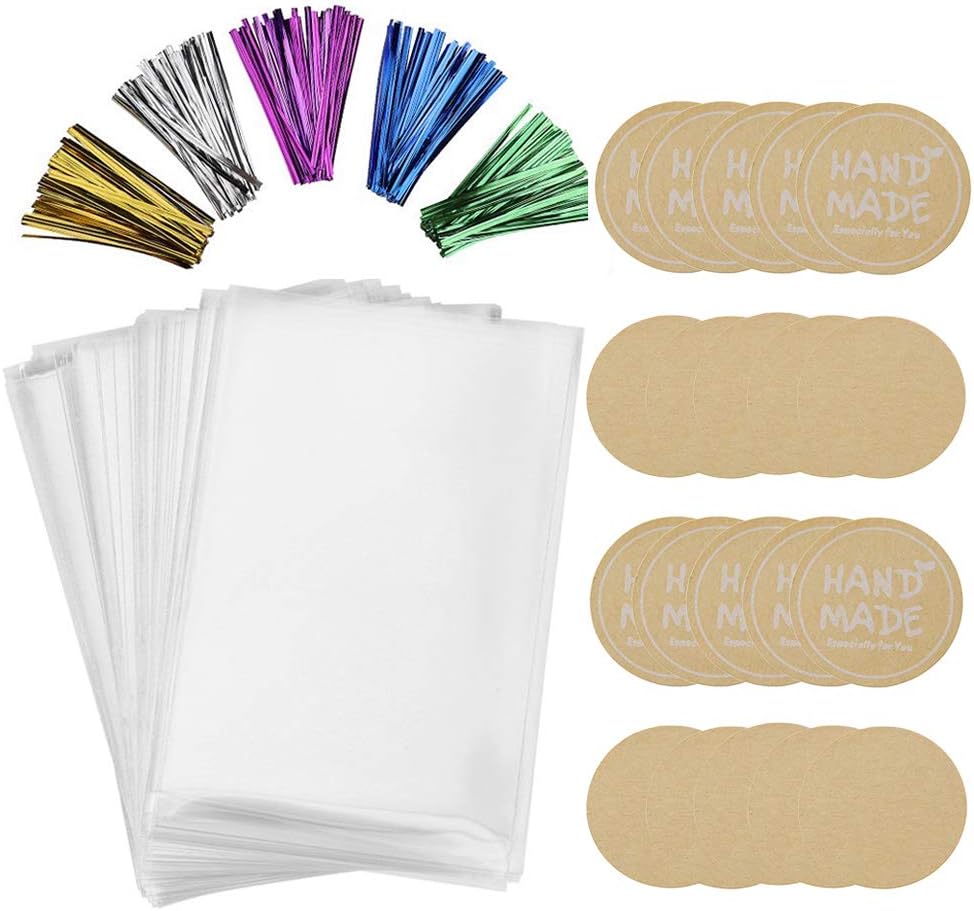 200 Cello Cellophane Candy Treat Bags 4x6 with 200 4" Twist Ties 6 Mix Colors - 1.5 mils Thickness OPP Clear Plastic Bags for Candy Dessert Wrappers with 120 Stickers (4" x 6")
