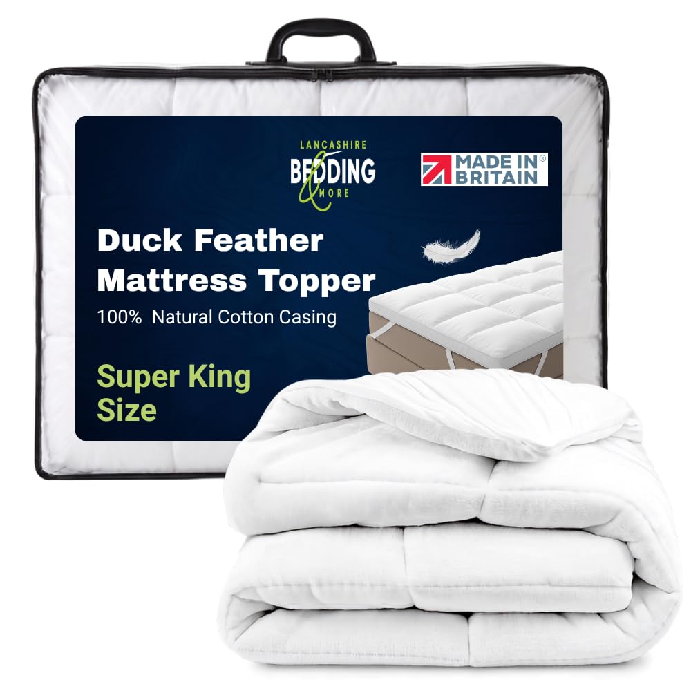 Lancashire Bedding King Duck Feather Mattress Topper 183 X 200 CM - 2" Deep Fill, 100% Cotton Cover, RDS Certified Elastic Straps, Breathable Hotel Luxury Mattress Topper