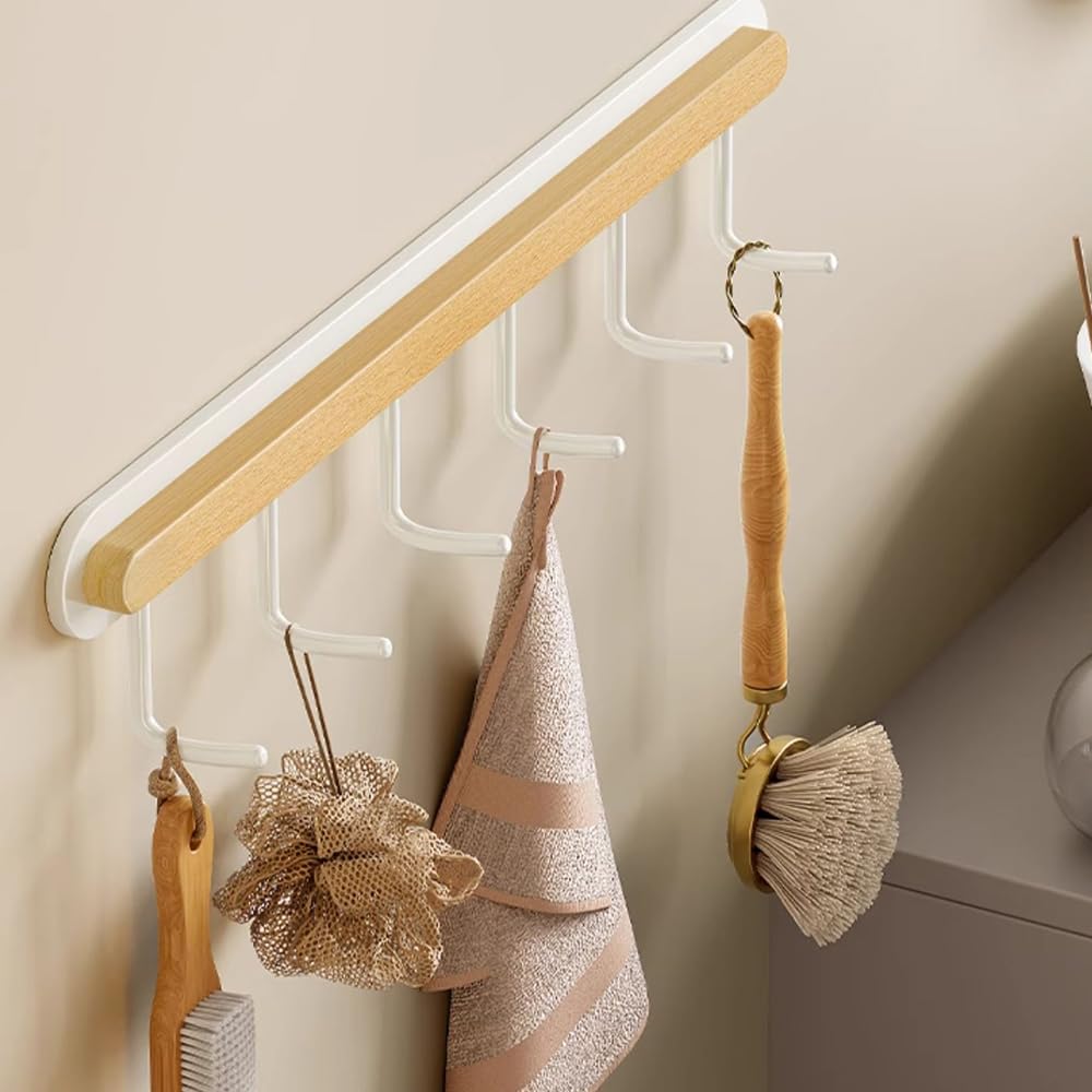 Perchero de pared para utensilios de cocina, sin taladro, barra de hierro para colgar cucharas, tablas de cortar y sartenes, 33 cm con 6 ganchos, elegante solución de almacenamiento blanca
