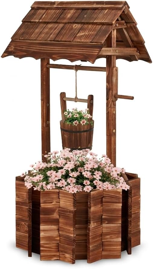 Wishing Wells for Outside,Wooden Wishing Well Planter for Outdoor Yard,Large Rustic Outdoor flower Planters with 4 Reinforced Rod & Hanging Bucket for Garden Patio Yard Lawn Backyard Home Decor