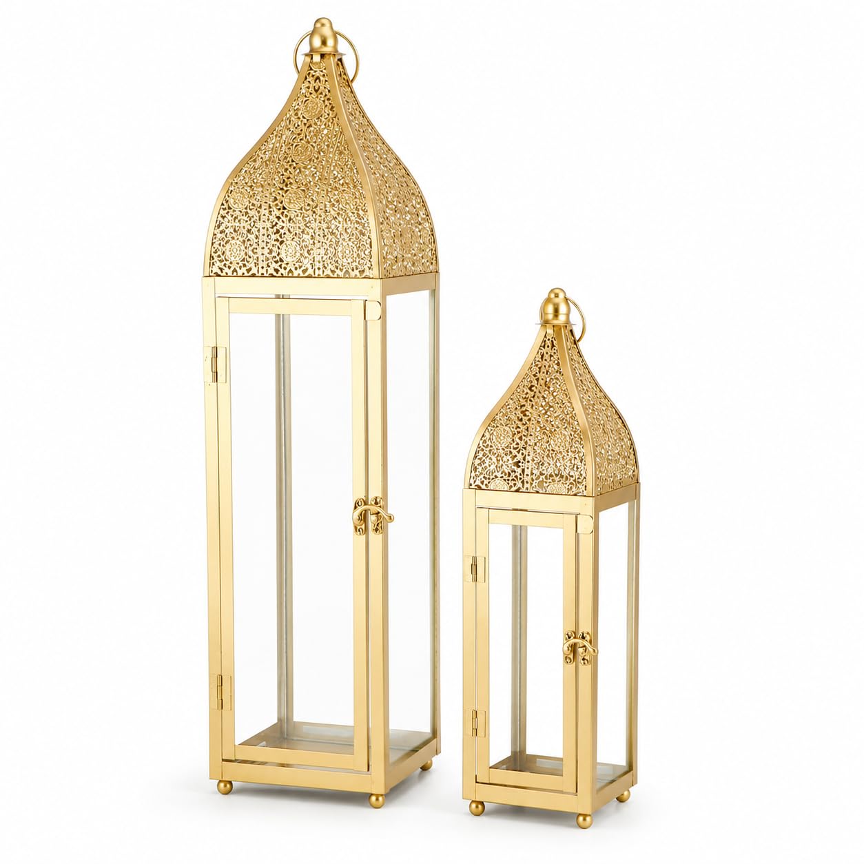 TRIROCKS 2 Pack Gold Moroccan Candle Lanterns, 56 & 38 cm Large Metal Lantern Set with Tempered Glass, Hanging or Freestanding Decor for Fireplace, Hallway, Wedding, Ramadan and Covered Patio