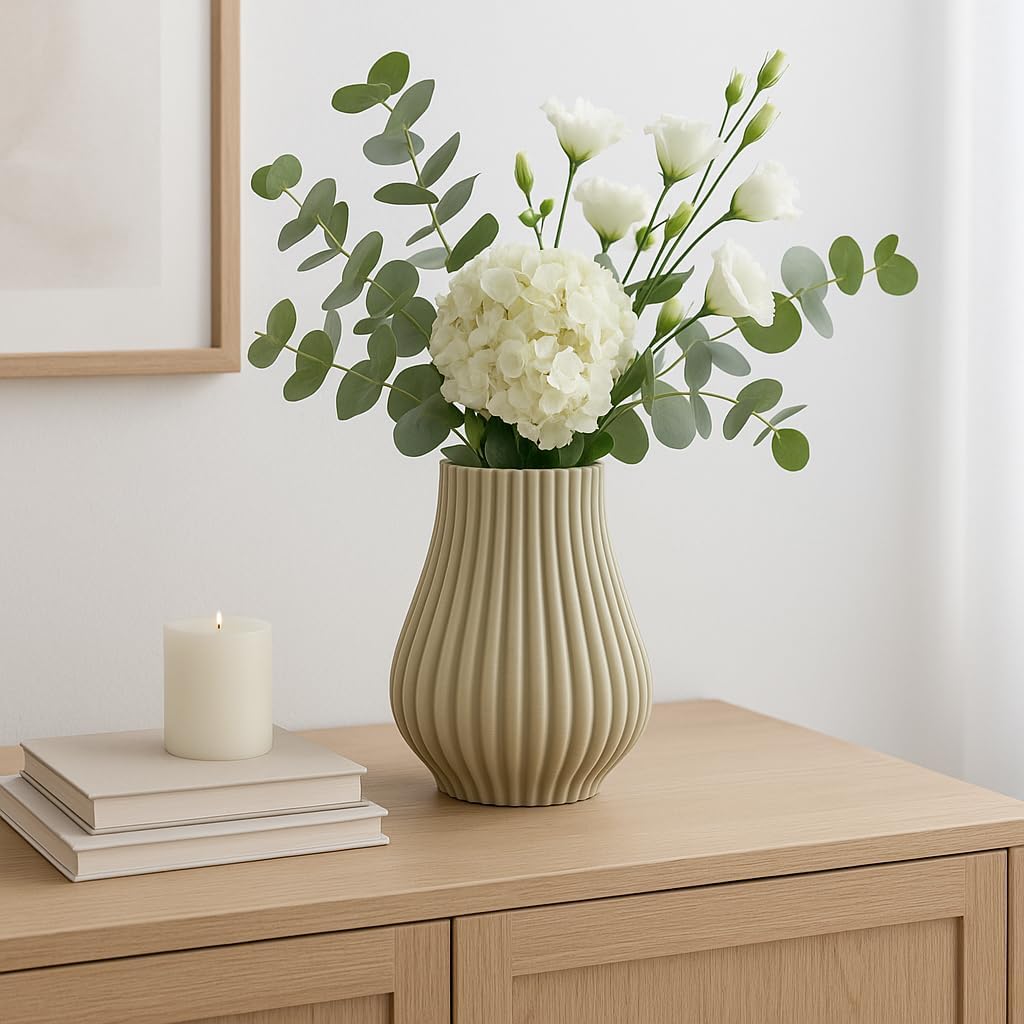 Ceramic Vase for Home Decor – Sculptural 3D Design Living Room Vase for Bedroom, House, Room, or Office Accent – Ribbed Decorative Flower Accent and Table Accents – 11” Green