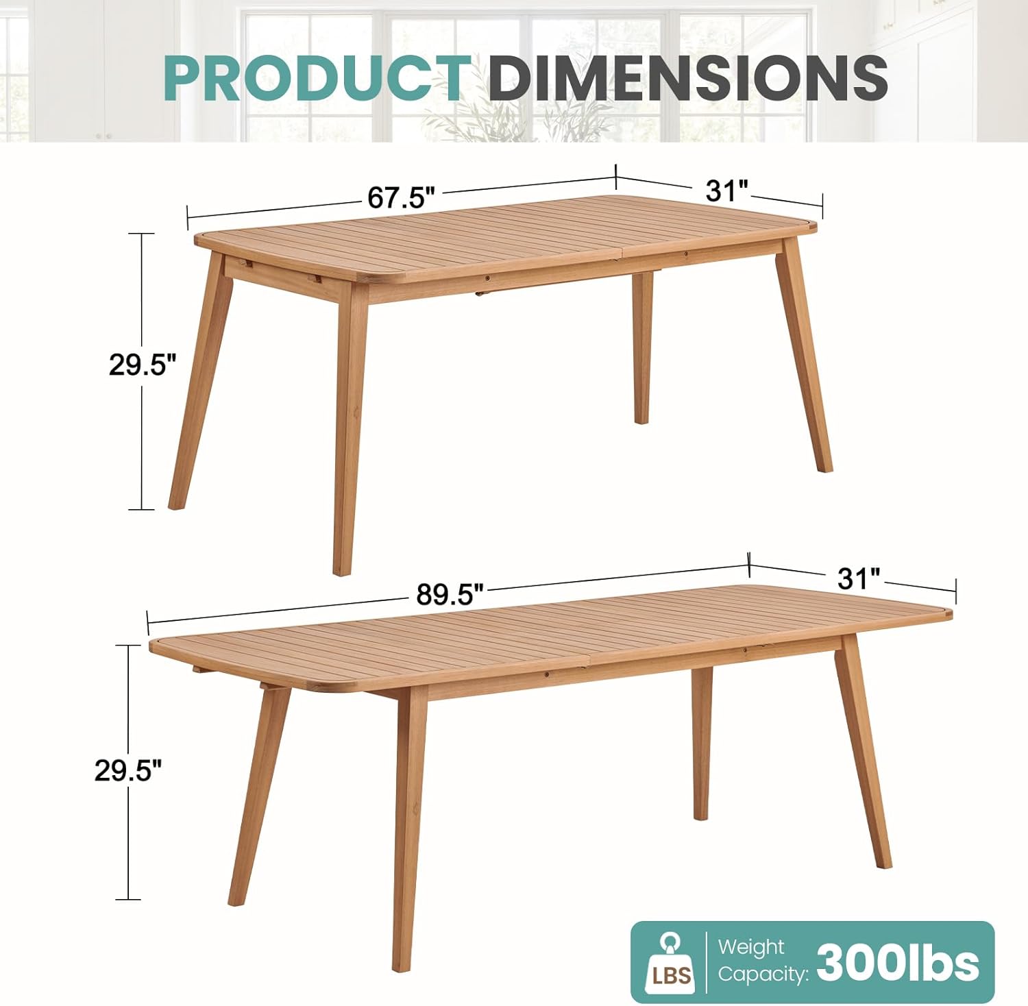 Extendable Wooden Outdoor Dining Table for Patio, Rectangular Patio Dining Table, Solid Wood Waterproof Dining Table for 6-8 People, Weather Resistant for Deck, Porch, Backyard