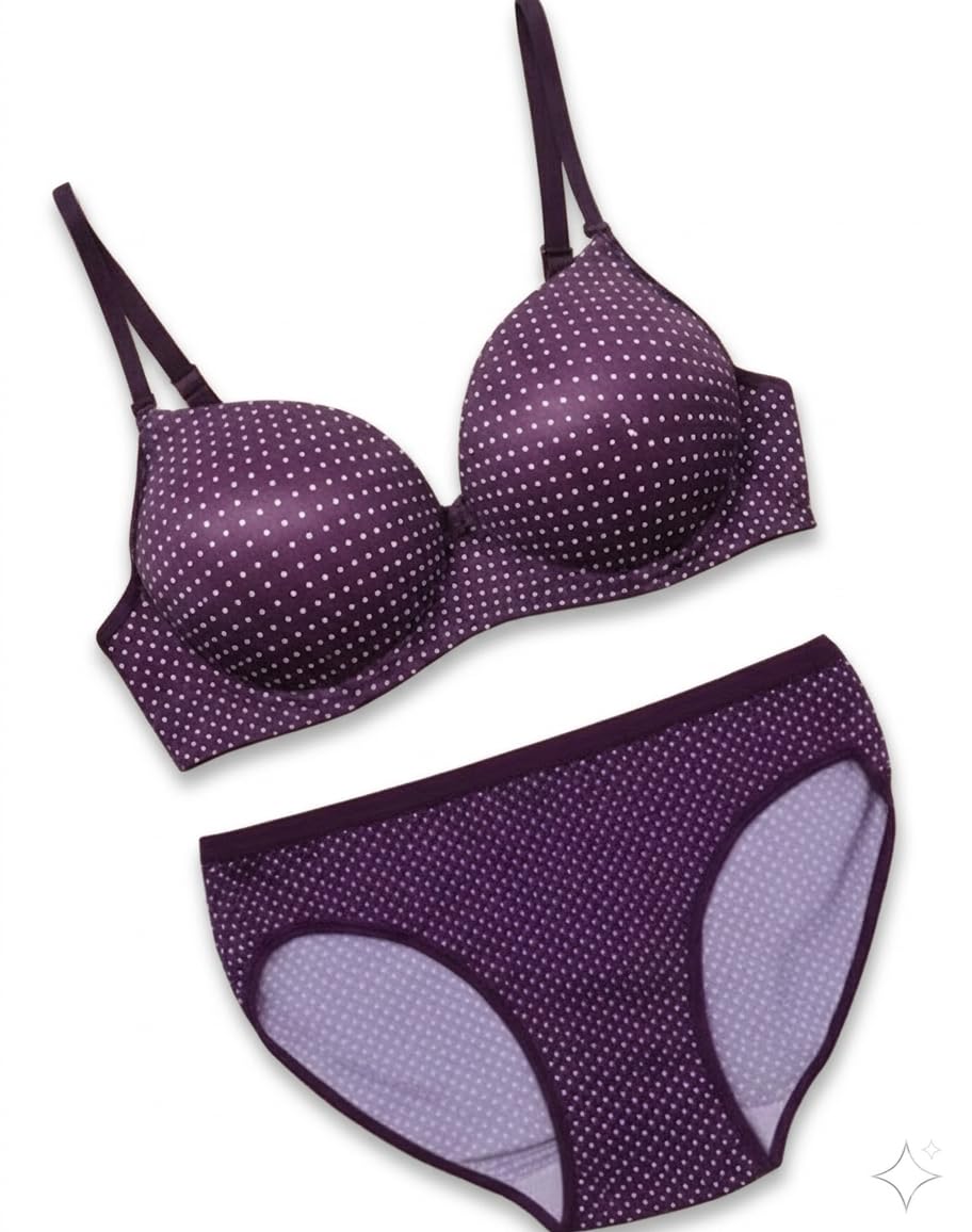 Women's Polka Dots Print Lycra Spandex Wire-Free Soft Padded Bra and Panty Set, Lingerie Combo, Bra and Panty Set for Bridal Women, Honeymoon Lingeres Combo Set, Color-Wine-image-6