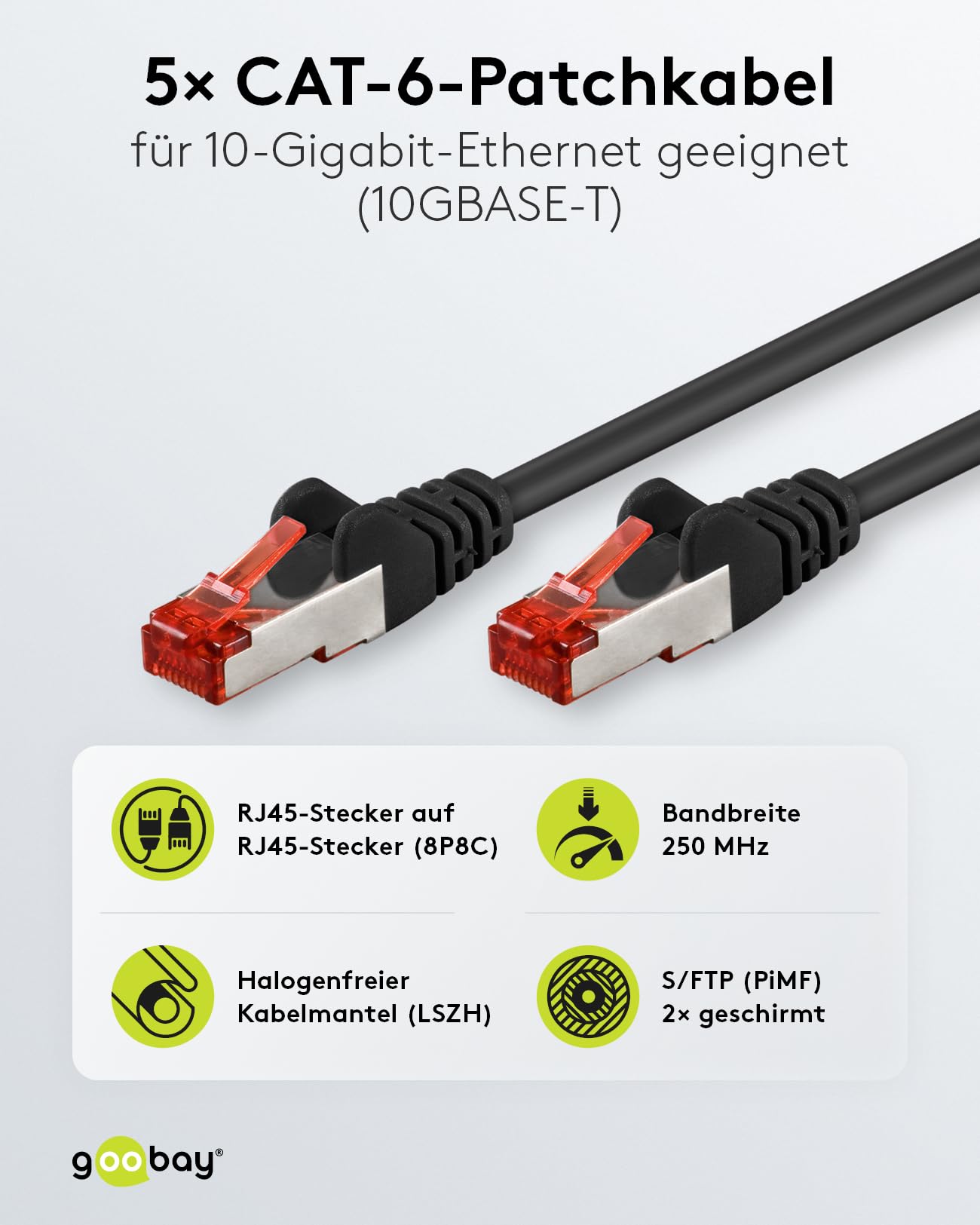 goobay 65977 CAT6 Network Cable Set of 5/Patch Cable Shielded S/FTP/CU Ethernet Cable, PiMF - Image 2