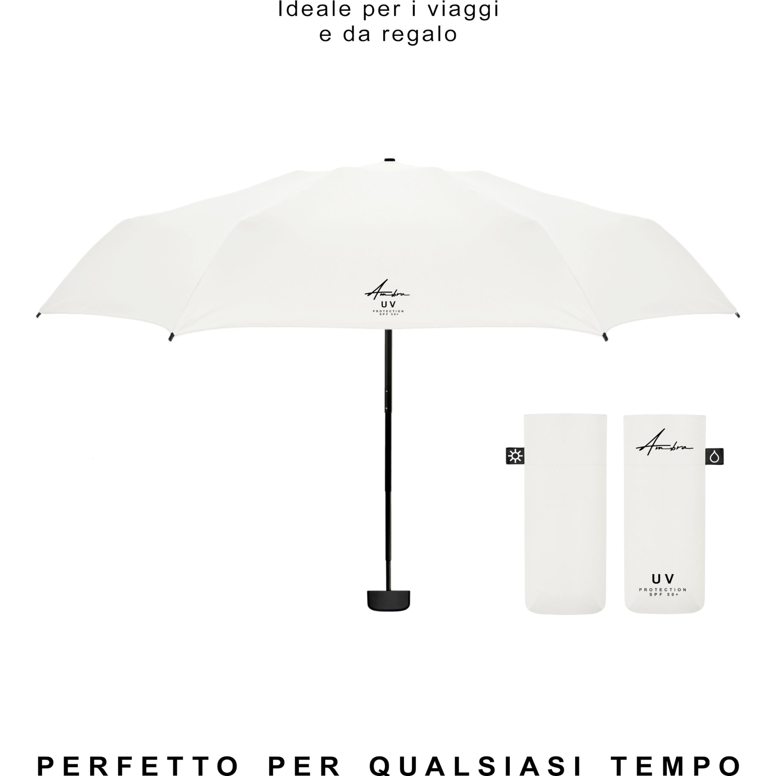Ambra UV: Ombrello con protezione UV. Mini ombrello pieghevole antivento per pioggia e sole. 220 g 18 x 5 cm