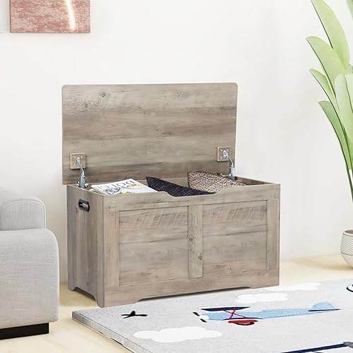 Miniatura 8 de Baúl de almacenamiento de 31.5 pulgadas, banco de almacenamiento de madera, baúl de juguetes con 2 bisagras de seguridad, caja de juguetes grande,