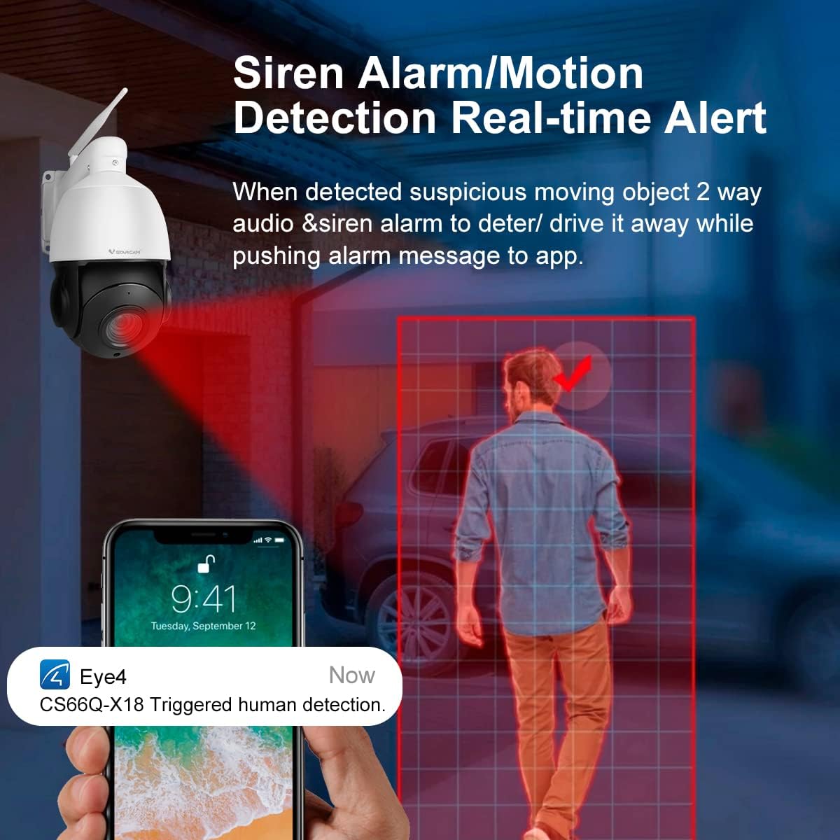 VSTARCAM camera with siren alarm and motion detection alert